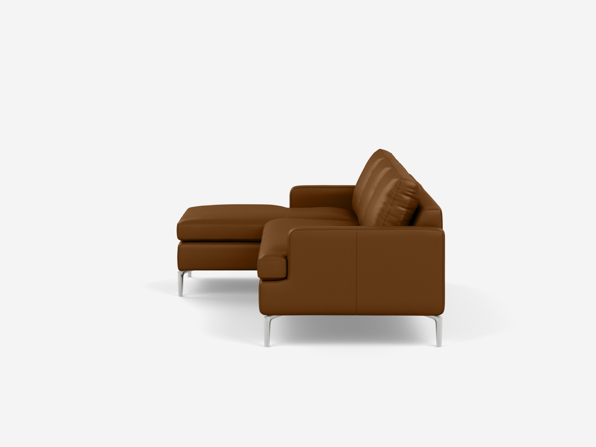 Side view of the Eve mid century sectional in brown leather with left chaise